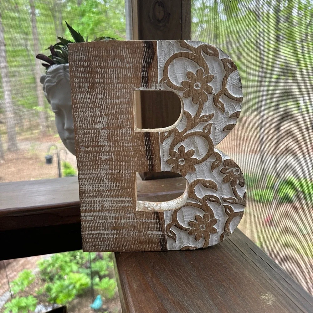 Wooden farmhouse “ M “ Cream Color with carved details;